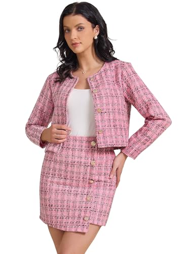 Allegra K Damen 2-teiliges Rock-Set Karierter Tweed-Blazer mit Knopfleiste Langarm Jacke Minirock-Sets Rosa XS von Allegra K