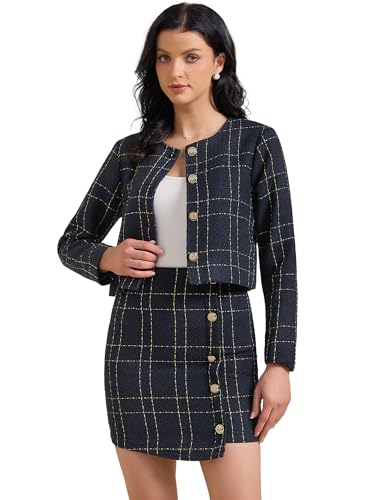 Allegra K Damen 2-teiliges Rock-Set Plaid Tweed Blazer Knopfleiste Langarm Jacke Minirock Sets, Dunkelblau, L von Allegra K