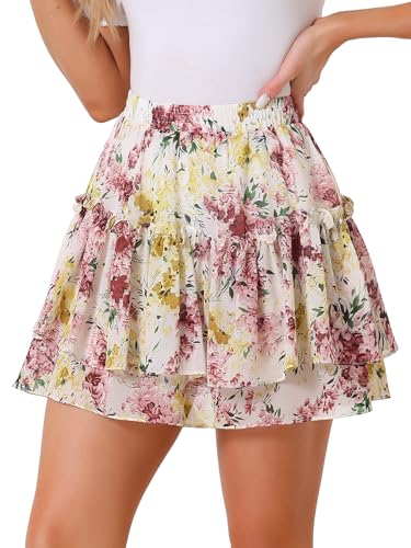 Allegra K Damen 2023 Floral Gestufte Rüschen Röcke Niedlich Sommer Flowy Chiffon Minirock, Weiss/opulenter Garten, X-Groß von Allegra K