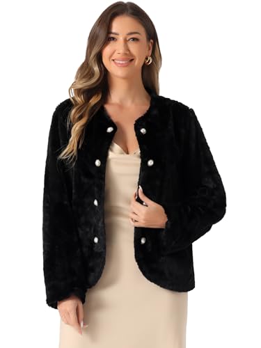 Allegra K Damen 2024 Winter Hochzeit Kunstpelz Jacke Langarm Taschen Fell Cropped Bolero Oberbekleidung Schwarz S von Allegra K