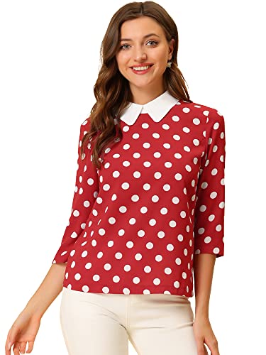 Allegra K Damen Halloween 3/4 Ärmel Blusenkragen Oberteil Polka Dots Weihnachts Elegante Top Bluse Rot 2 L von Allegra K