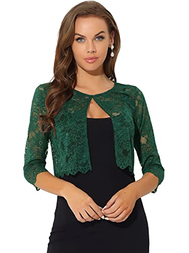 Allegra K Damen Bolero Festlich 3/4 Ärmel Durchsichtig Blumen Spitze Shrug Crop Cardigan Spitzebolero Grüne S von Allegra K