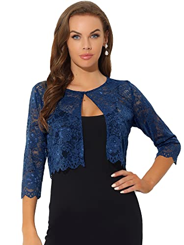 Allegra K Damen Bolero Festlich 3/4 Ärmel Durchsichtig Blumen Spitze Shrug Crop Cardigan Spitzebolero Marineblau M von Allegra K