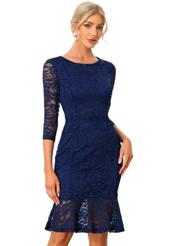 Allegra K Damen Kleid 3/4-Ärmel Fischschwanz Elegant Cocktail Spitzenkleid Minikleid Dunkelblau S von Allegra K