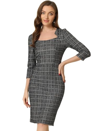 Allegra K Damen 3/4-Ärmel Kariert Arbeitskleid Minikleid Knielang Elegant Kleid Schwarz Weiß L von Allegra K