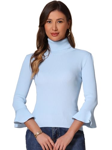 Allegra K Damen 3/4 Ärmel Rollkragenpullover Slim Fit Strickpullover Sweater Tops, Babyblau, X-Klein von Allegra K