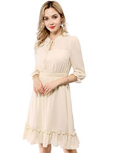 Allegra K Damen 3/4 Ärmel Rüschensaum Smocked A-Line Kurz Chiffon Minikleid Kleid Beige S von Allegra K