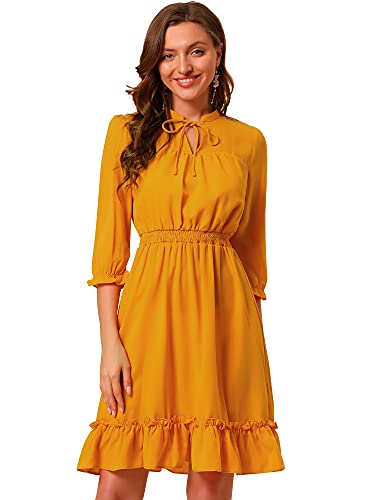 Allegra K Damen Kleid 3/4 Ärmel A-Line Rüschensaum Schleife Gesmoktes Chiffon Minikleid Gelb M von Allegra K