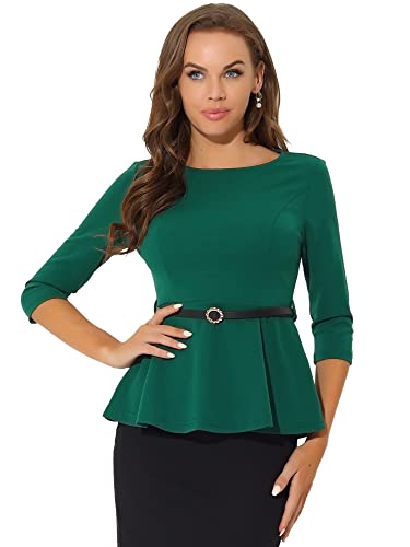 Allegra K Damen 3/4-Ärmel Rundhalsausschnitt Gürtel Elegant Arbeit Schößchen Top Bluse Grün S von Allegra K