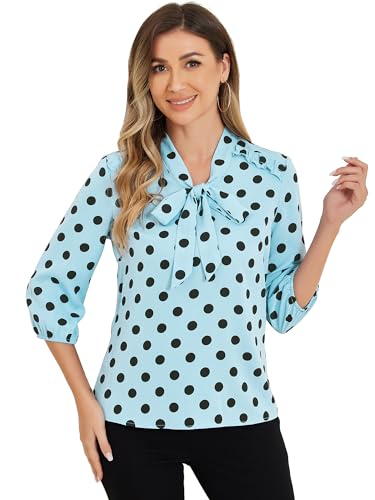 Allegra K Damen 3/4 Ärmel Schluppenbluse Schleife Retro Oberteil Polka Dots Rüschen Elegant Top Blau Schwarz S von Allegra K
