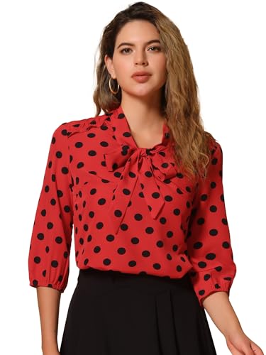Allegra K Damen 3/4 Ärmel Schluppenbluse Schleife Retro Oberteil Polka Dots Rüschen Elegant Top Rot Schwarz M von Allegra K