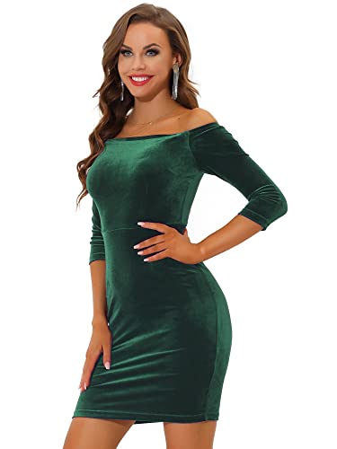 Allegra K Damen 3/4-Ärmel Schulterfrei Figurbetont Samt Partykleid Minikleid Kleid Dunkles Grün M von Allegra K