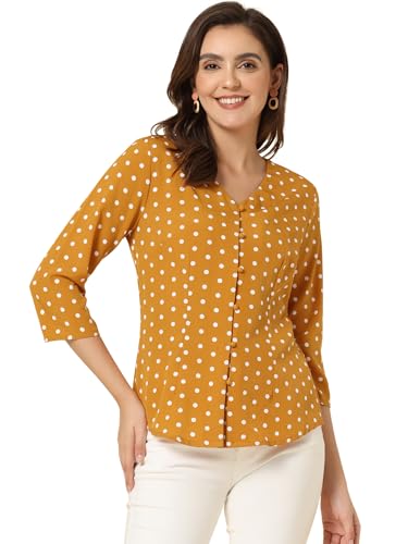 Allegra K Damen 3/4 Ärmel Shirt V-Ausschnitt Knopfleiste Elegante Polka Dots Top Bluse Orange L von Allegra K