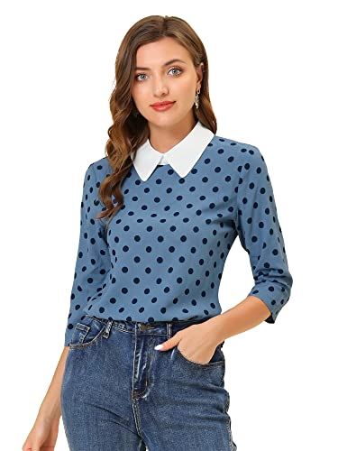 Allegra K Damen Halloween 3/4 Ärmel Blusenkragen Oberteil Polka Dots Weihnachts Elegante Top Bluse Graublau M von Allegra K