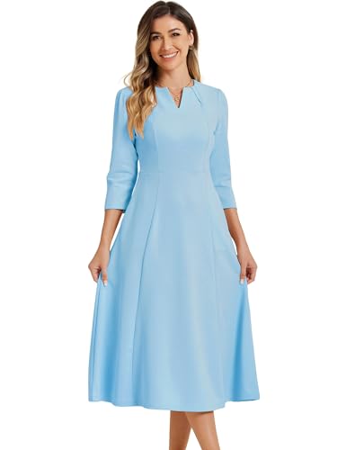 Allegra K Damen 3/4-Ärmeln A-Linie V-Ausschnitt Business Kleid Taschen Arbeit Elegant Midikleid Hellblau M von Allegra K