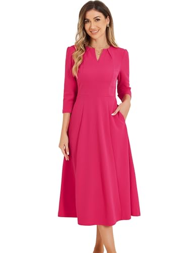 Allegra K Damen 3/4-Ärmeln A-Linie V-Ausschnitt Business Kleid Taschen Arbeit Elegant Midikleid Rosenrot L von Allegra K
