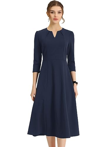 Allegra K Damen 3/4-Ärmeln A-Linie V-Ausschnitt Kleid Taschen Arbeit Elegantes Midikleid Dunkelblau L von Allegra K