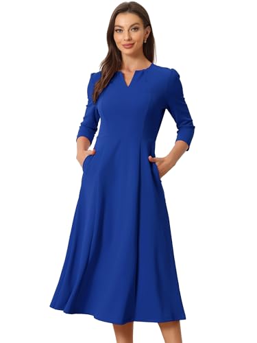 Allegra K Damen 3/4-Ärmeln A-Linie V-Ausschnitt Kleid Taschen Arbeit Elegantes Midikleid Königsblau M von Allegra K