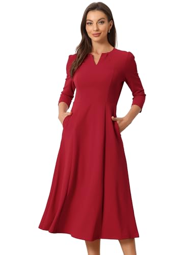 Allegra K Damen 3/4-Ärmeln A-Linie V-Ausschnitt Kleid Taschen Arbeit Elegantes Midikleid Rot S von Allegra K