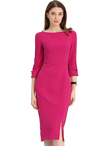 Allegra K Damen 3/4-Ärmeln U Ausschnitt Reißverschluss Elegant Arbeit Schlitz Minikleid Kleid Fushcia XL von Allegra K