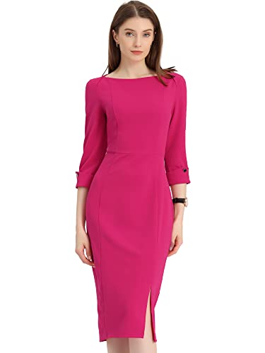 Allegra K Damen 3/4-Ärmeln U Ausschnitt Reißverschluss Elegant Arbeit Schlitz Minikleid Kleid Fushcia XS von Allegra K