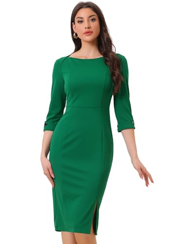 Allegra K Damen 3/4-Ärmeln U Ausschnitt Reißverschluss Elegant Arbeit Schlitz Minikleid Kleid Grün M von Allegra K