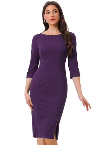 Allegra K Damen 3/4-Ärmeln U Ausschnitt Reißverschluss Elegant Arbeit Schlitz Minikleid Kleid Lila M von Allegra K