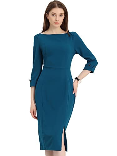 Allegra K Damen 3/4-Ärmeln U Ausschnitt Reißverschluss Elegant Arbeit Schlitz Minikleid Kleid Seeblau M von Allegra K