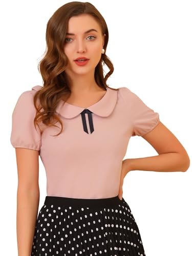 Allegra K Damen 50er Jahre Oberteil Kurzarm Rundhals Bubikragen Rockabilly Vintage Bluse Einfarbig Retro Shirt Rosa XL von Allegra K
