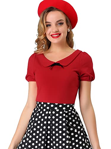 Allegra K Damen 50er Jahre Oberteil Kurzarm Rundhals Bubikragen Rockabilly Vintage Bluse Einfarbig Retro Shirt Rot L von Allegra K