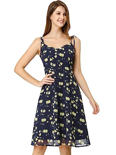 Allegra K Damen Sommer Spaghettiträger Aline Kleid Gesmokt Floral Sommerkleid, blau, 30 von Allegra K