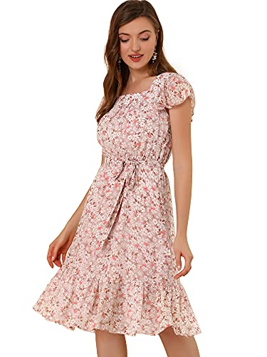 Allegra K Damen Kurzarm A-Linie Eckiger Ausschnitt Rüschen Blumen Midikleid Sommer Kleid Rosa Weiß L von Allegra K