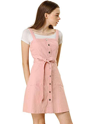 Allegra K Damen A Linie Knopfleiste Bindegürtel Jeans Latzkleid Kleid Rosa XL von Allegra K