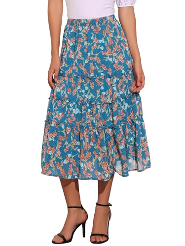 Allegra K Damen A Linie Chiffon Ruffle Blumen Maxirock Rock Blau M von Allegra K