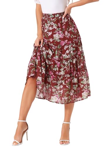 Allegra K Damen A Linie Chiffon Ruffle Blumen Maxirock Rock Burgund M von Allegra K