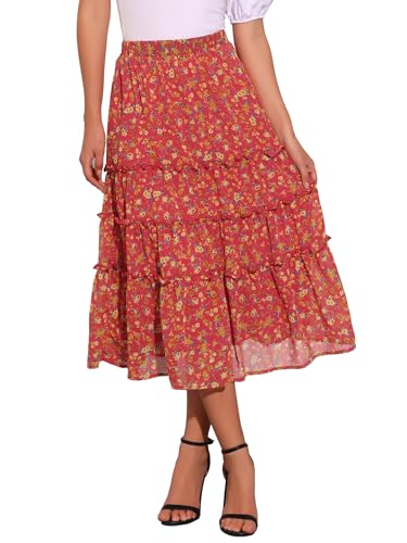 Allegra K Damen A Linie Chiffon Ruffle Blumen Maxirock Rock Dunkel Rot M von Allegra K