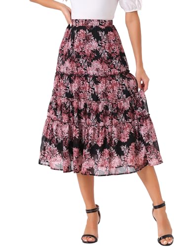 Allegra K Damen A Linie Chiffon Ruffle Blumen Maxirock Rock Schwarz Rosas L von Allegra K