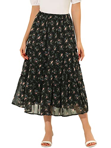 Allegra K Damen A Linie Chiffon Ruffle Blumen Maxirock Rock Schwarz A XL von Allegra K