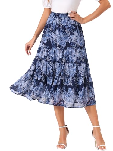 Allegra K Damen A Linie Chiffon Ruffle Blumen Maxirock Rock Tiefes Blau XS von Allegra K