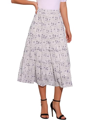 Allegra K Damen A Linie Chiffon Ruffle Blumen Maxirock Rock Weiß Violett M von Allegra K