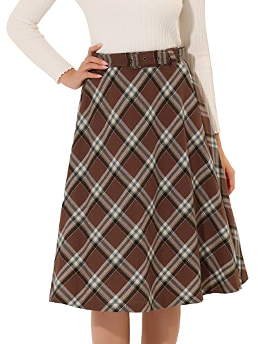Allegra K Damen Kariert Rock Schottenrock Knielang A Linie High Waist Colorblock Midirock Braun Weiß M von Allegra K
