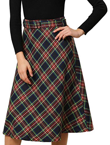 Allegra K Damen Kariert Rock Schottenrock Knielang A Linie High Waist Colorblock Midirock Dunkelblau XXL von Allegra K