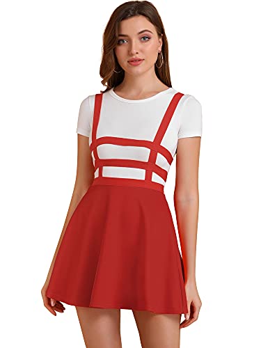 Allegra K Damen Hosenträger Rock Hoher Taille A-Linie Lässiger Latzrock Minirock Rot S von Allegra K