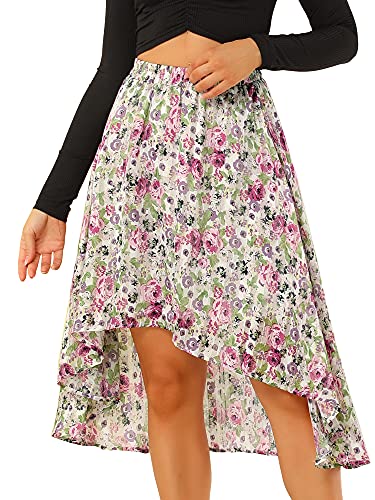 Allegra K Damen A Linie Elastische Taille Asymmetrisch Chiffon Blumen Midirock Rock Weiß Violett S von Allegra K