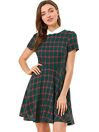 Allegra K Damen A-Linie Plaid Grid Kurzarm Panel Bubikragen Kariert Minikleid Kleid Grün Rot M von Allegra K