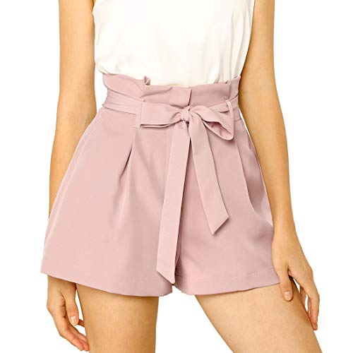 Allegra K Damen Sommer Kurze Hose A-Linie Hoher Taille Bindegürtel Kurze Paperbag Shorts Rosa L von Allegra K