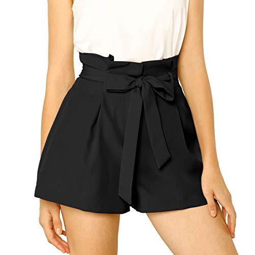 Allegra K Damen Sommer Kurze Hose A-Linie Hoher Taille Bindegürtel Kurze Paperbag Shorts Schwarz S von Allegra K