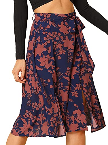 Allegra K Damen A Linie High Waist Bindegürtel Splitz Blumen Midirock Rock Blau S von Allegra K