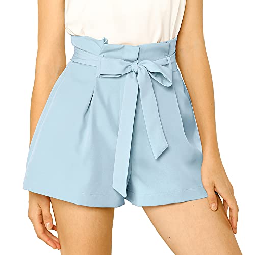 Allegra K Damen Sommer Kurze Hose A-Linie Hoher Taille Bindegürtel Kurze Paperbag Shorts Hellblau M von Allegra K