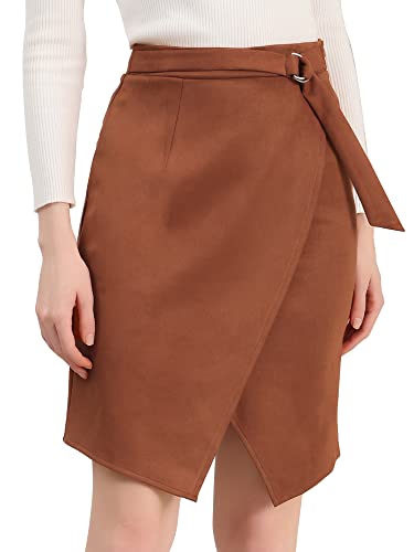 Allegra K Damen A-Linie Knielänge Front Slit Wrap Faux Wildleder Rock, Caramel, Mittel von Allegra K